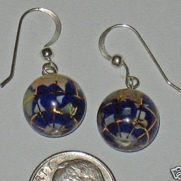 10mm  Lapis COLOR Multi Gemstone Inlay Sterling Silver Globe Dangle Earrings