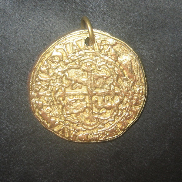 ONE Necklace Four Escudo Spanish 32MM Gold Tone  Pieces Of Eight Pirate COIN Pendant