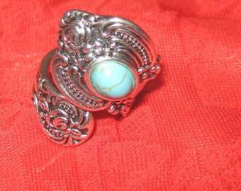 Vintage Antique Reproduction Adjustable Silver Tone Turquoise Spoon Ring Sizes 6-10