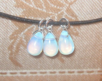 Silver Sea Opal Opalite Glass Teardrop 3 Charm Pendant Necklace