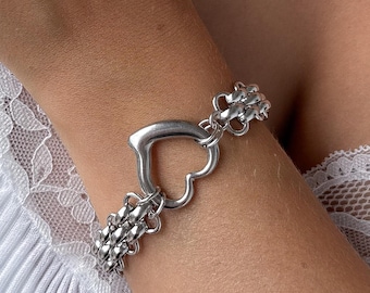 Pulsera de corazón de plata gruesa, pulsera de cadena llamativa, pulsera única hecha a mano, joyería de plata llamativa, estilo uno de 50, resistente al agua