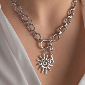 Chunky Sun Pendant Necklace: Stainless Steel Chain, Initial Charm