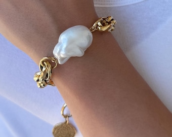Chunky gold chain Bracelet: Baroque pearl bracelet, oversized statement jewelry, gold thick bold chain, oval link chain bracelet, coin charm