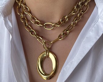 Collar de doble cadena gruesa con dije ovalado, dorado, hecho a mano, de acero inoxidable, joyería llamativa de gran tamaño.