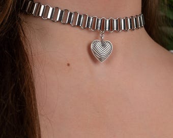 Silber Herz Anhänger Choker: Edelstahl Chunky Kette Halskette