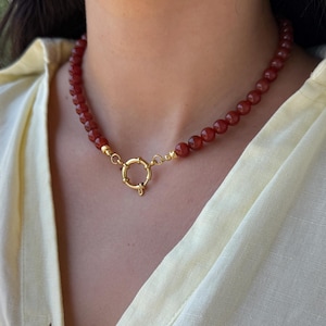 red Carnelian Necklace, Natural gemstone Carnelian Necklace, teardrop Pearl necklace, chunky beaded gemstone Choker, real genuine carnelian