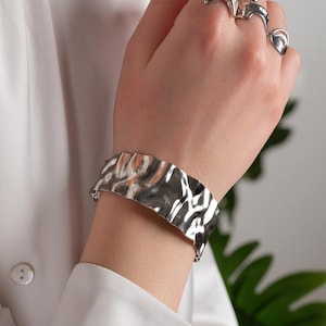 Wrinkled Stainless Steel Cuff Bracelet: Wide Silver Bangle
