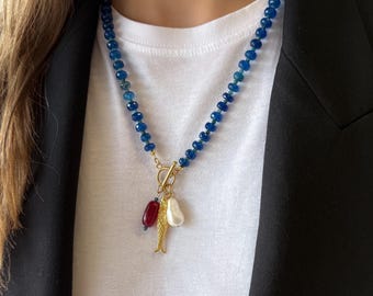 Collier de perles en jade bleu : breloque poisson perle baroque, bijoux faits main