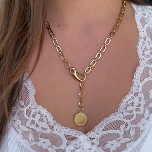 Ancient Greek Coin Lariat Necklace: Mixed Metal Owl & Phaistos Disc
