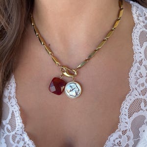 Chunky gold charm necklace, Mixed Metal Necklace: Ancient Greek coin & genuine carnelian pendant, Statement luxury jewelry, elegant classy