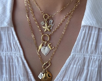 Custom Charm Necklace: Mixed Metal Carabiner Clasp, Personalized Jewelry