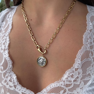 Mixed Metal Coin Lariat Necklace: Ancient Greek Owl & Phaistos Disc
