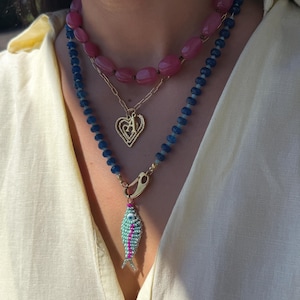 beaded fish necklace, blue jade necklace, turquoise colorful fish necklace, gift for her, layering necklace, summer necklace, beach jewelry