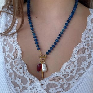 Blue Jade Beaded Necklace, Chunky genuine Gemstone necklace, statement baroque pearl charm fish necklace, multi charm summer beach jewelry