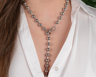 Chunky Bead Chain Y Lariat Necklace: Stainless Steel Rock Style