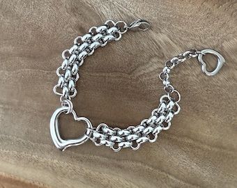 Pulsera de corazón de plata gruesa, pulsera de cadena llamativa, pulsera única hecha a mano, joyería de plata llamativa, estilo uno de 50, resistente al agua