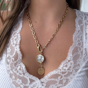 Mixed Metal Coin Lariat Necklace: Ancient Greek Owl & Phaistos Disc