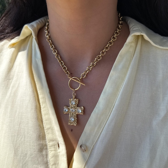 Chunky Crystal Cross Necklace: 18k Gold Plated Toggle Clasp