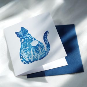 Katzen Grußkarte, Haustier Feiertagskarten, personalisierte Grußkarten, Botanische Cyanotypiekarten, Tierkarte für Katzenliebhaber, rahmbar, blau, leer