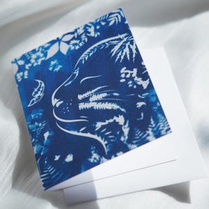 Carte de voeux chat, cartes de vœux pour animaux de compagnie, cartes de correspondance personnalisées, impression botanique cyanotype, carte animal pour les amoureux des chats, encadrement, bleu, blanc