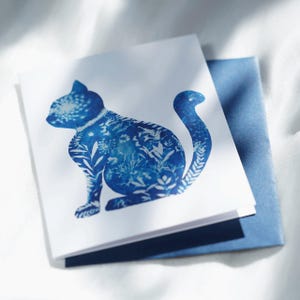 Cartão de felicitações de gato, cartões de férias para animais de estimação, cartões de notas personalizados, impressão de cianotipia botânica, cartão de animal para amantes de gatos, emoldurável, azul, em branco