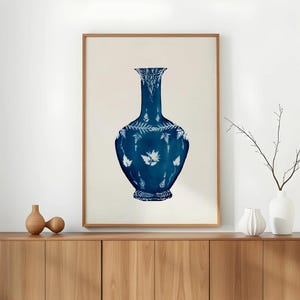 Botanical Cyanotype Art Prints, Nature Floral Wall Art, Navy Blue Wall Prints, Delftware Blue Wall Decor, Vintage Blue Vase