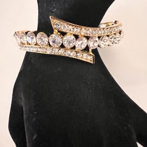 Vintage Gold Tone Rhinestone Hinged Cuff Bracelet Statement Bling