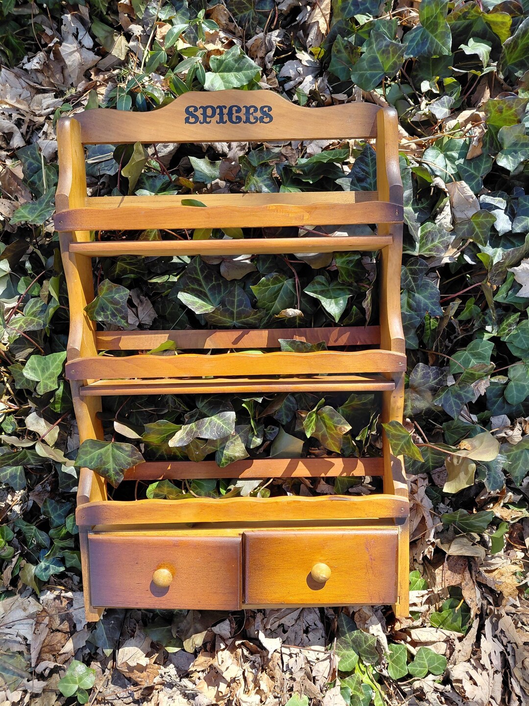 Vintage Wooden Spice Rack Wall Shelf With Drawers - Kitchen Organizer ...