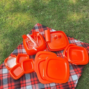 Vintage 1970s Orange Plastic Picnic Set for Four: Complete Camping Kit