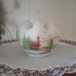 Fenton Satin Glass Hand Painted Rose Bowl  -Signed by Sue Jackson Ruffle Crimped Top