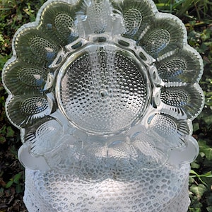 May include: A clear glass serving platter with a scalloped edge and a central circular area. The platter has a textured surface with a pattern of small, raised dots. The outer edge features a repeating design of stylized flower shapes.