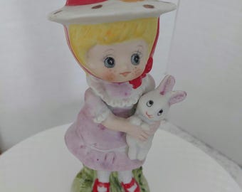 Vintage 1970's Girl Holding Bunny Figurine-Retro Child Statute-Cottage Nursery Décor