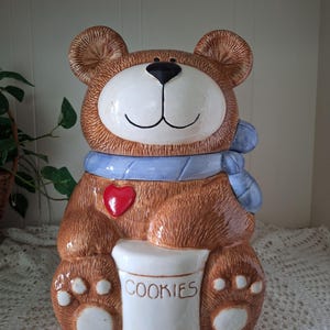 Vintage Bear Cookie Jar Large- Adorable Ceramic Bear with Blue Scarf, Red Heart & Cookie Canister-Whimsical Kitchen Décor - Free Shipping