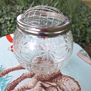 Vintage Daisy & Dot Glasvase mit Original Metall Blumen Frosch Deckel - Mid Century Blumenarrangement Glas 12,5 cm - Cottagecore Decor-Shabby Chic