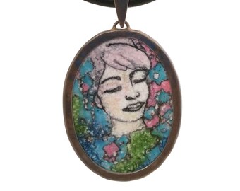 NEW Enamel Painting Portrait Girl in Flowers Oval Pendant On Rubber Cord Necklace Romantic Drawing Medallion Hand Painted Miniature