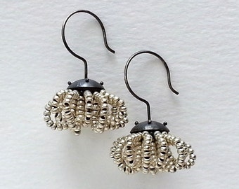 Sterling silver Jellyfish Chandelier Earrings with Seed Beads, Long Riveted Hand Forged Oxidized Contemporary Modern Statement Dangle Drop