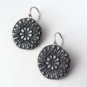 Lace Discs Large Round Drop Oxidized Sterling Silver Earrings Organic Circle Dangle Modern Contemporary Jewelry Gift 1 1/3&quot;