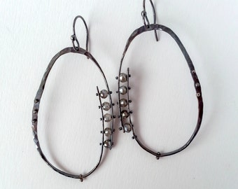 Hand Forged Riveted Sterling Silver Hoop Earrings With Labradorites