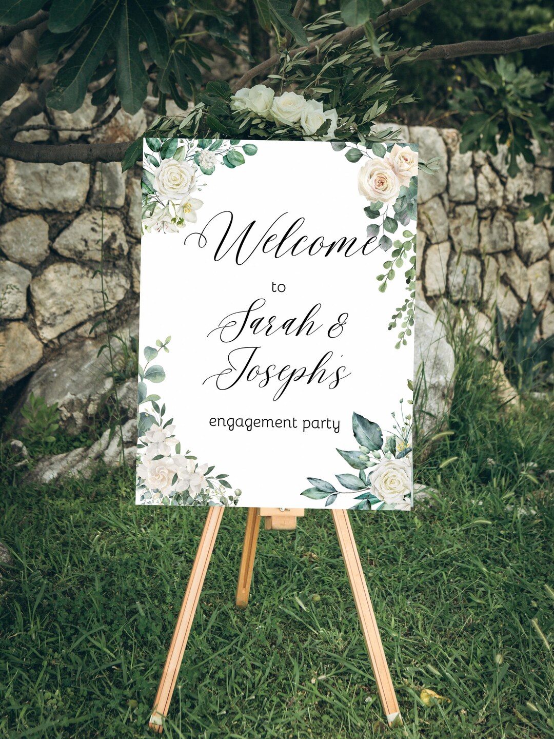 White Floral Engagement Party Sign Template: Editable Canva Design ...