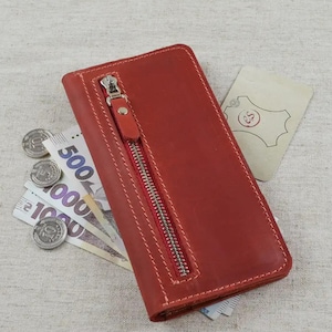 Portafoglio lungo in pelle fatto a mano - Elegante portafoglio con fermasoldi, regalo di laurea perfetto per lei, accessorio resistente ed elegante, portafoglio in pelle rossa
