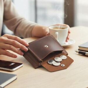 Puede incluir: Una cartera de cuero marrón con cierre de botón a presión, abierta para revelar varias monedas. La cartera está sobre una superficie de madera clara, junto a un teléfono inteligente, un cuaderno y una taza de café.