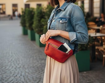 Handmade Women's Red Fanny Pack, Small Leather Purse Shoulder Bag Travel Crossbody Sling Bag