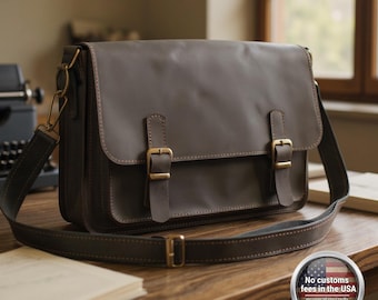 Bolso de hombre de piel marrón hecho a mano para portátil de 14" y documentos / Bolso vintage personalizado para MacBook