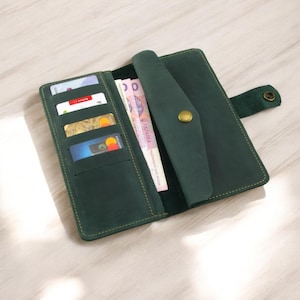 Cartera larga de cuero personalizada, billetera plegable grabada, billetera de cuero hecha a mano, billetera minimalista delgada, billetera de cuero para mujer, regalo para novia