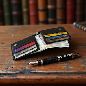 May include: Black leather wallet open, showing cash and cards, with a black and silver fountain pen beside it. The items are on a wooden surface, with a blurred bookshelf backdrop.