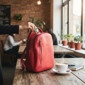 May include: A red leather backpack with a zippered front pocket and top handle sits on a wooden table. A pair of sunglasses is held above the backpack. A cup of coffee, a notebook, and a pen are also on the table.