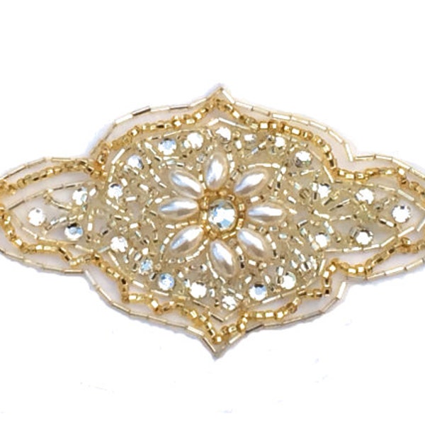 White pearl applique, rhinestone applique with gold beads #134