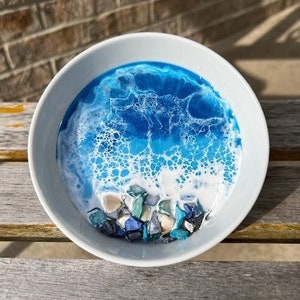 White stoneware Beach trinket Bowl dish soapdish blue water white wave Shell chips resin design coastal decor trinket gift ocean mothers day