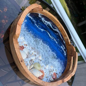 X Large Wood Beach Tray Round Deep Blue Water Shells Sea Urchin ...