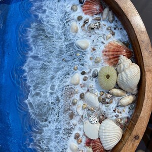 X Large Wood Beach Tray Round Deep Blue Water Shells Sea Urchin ...
